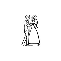 First wedding dance hand drawn outline doodle icon. Dance of groom and bride at wedding vector sketch illustration for print, web, mobile and infographics isolated on white background.