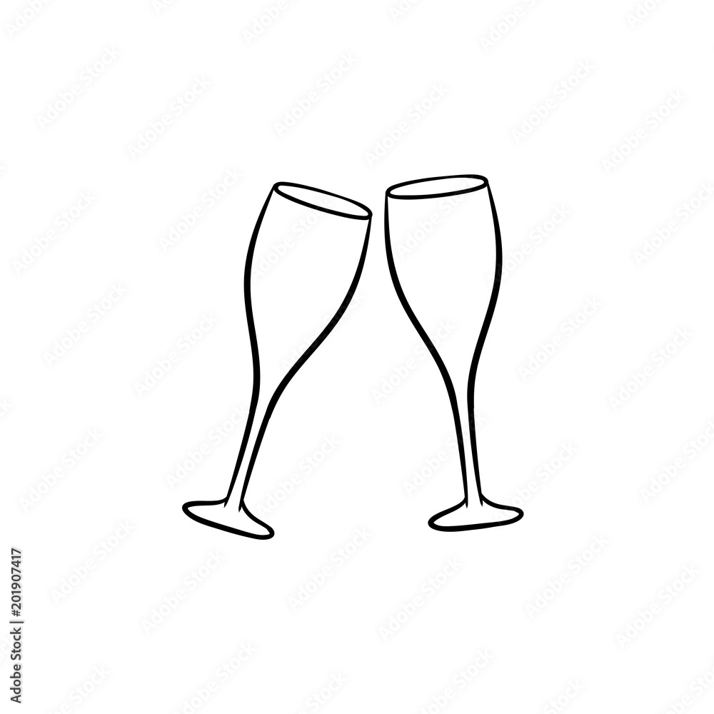 Wall mural Champagne glasses hand drawn outline doodle icon. Two clinking wineglasses vector sketch illustration for print, web, mobile and infographics isolated on white background.