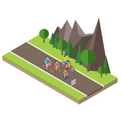 Isometric countryside. Summer road. Family cycling on countryside summer sunny road or highway. Mother, father, son and daughter.