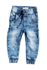Blue jeans trouser isolated on white background. Fashionable jeans for child boy. Top view front.