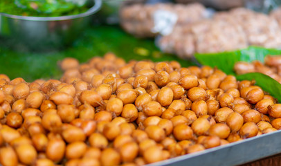 Grill tray with delicious grilled sausages, close up
