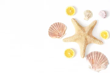Zelfklevend Fotobehang Composition of exotic seashells, oyster, starfish and lemon slices on white wooden background. Tropical summer vacation or sea food concept. Flat lay, top view. Marine design. © tabitazn