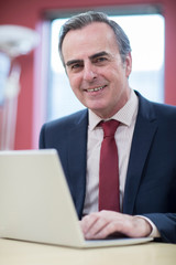 Fototapeta premium Portrait Of Mature Businessman Sitting At Desk In Office Using Laptop