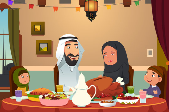 Muslim Family Eating Dinner at Home