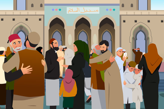 Muslims Embracing Each Other After Prayer in Mosque Illustration