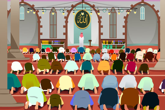 Muslims Praying in a Mosque Illustration