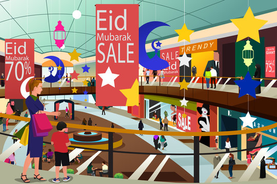 Muslim People Shopping During Ramadan Eid-Al-Fitr Sale Illustration