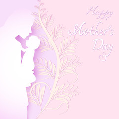 Mother and baby with Happy Mother's day text on pink Paper art background, Paper cut illustration