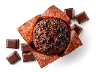 Chocolate muffin isolated on white, from above