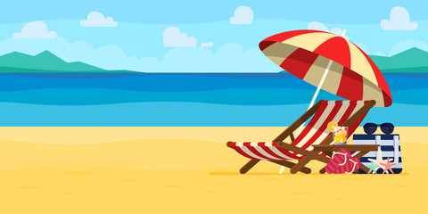 Vacation and travel concept. Beach umbrella, beach chair.