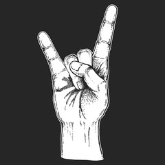 Rock music festival. Cool print for poster, banner, t-shirt with hand. Rock-n-roll star