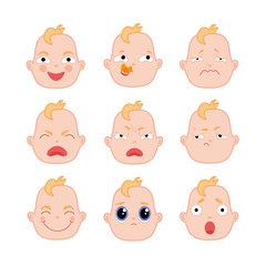 Set of baby boy facial expressions, flat vector illustration isolated on white background. Set of baby faces showing different emotions - happy, sad, surprised, angry, frustrated, annoyed, with binky