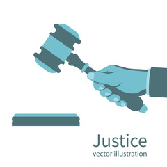 Justice concept. Hand holding judges gavel. Vector illustration flat style design. Isolated on background. Symbol of law. Businessman in a suit holds an auction.