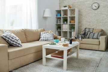 Spacious living room with bookshelf with plants and folders, coffee table with mugs and books, comfortable sofa and armchair, room full of natural light