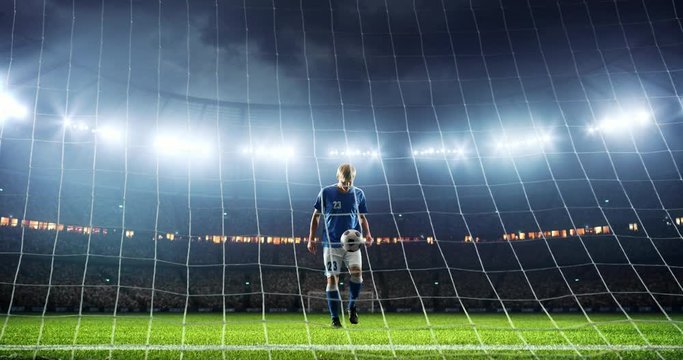 Soccer player show his skiils on a professional soccer stadium. Stadium and crowd is made in 3D and animated
