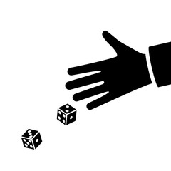 Man throws dice. Black silhouette dices on table. An avid person. Gambler. Playing in hand pictogram. Vector illustration flat design. Isolated on white background.