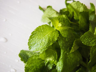 mint leaves on white table
