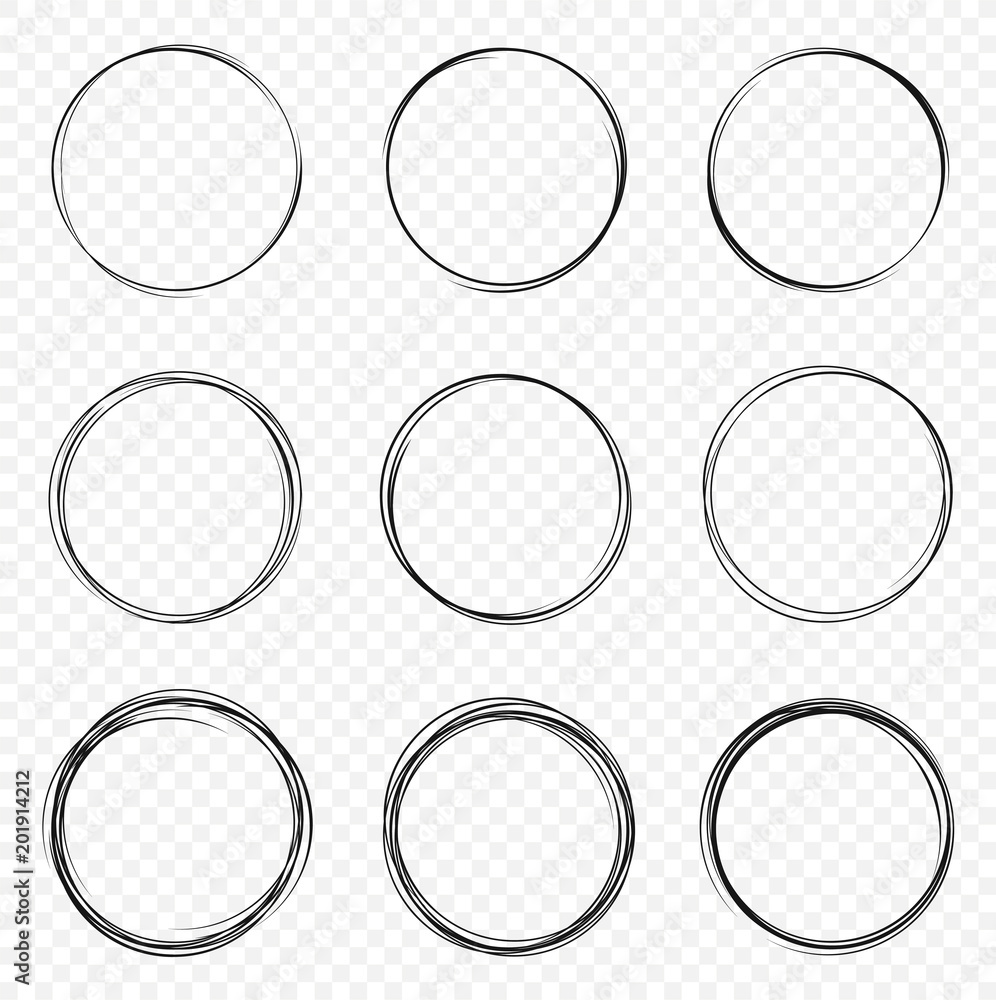 Poster set of vector hand drawn circles. circular scribble doodle round circles for message - stock vector.
