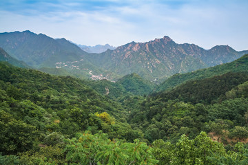 Mountain landscape seen from the majestic Great Wall.