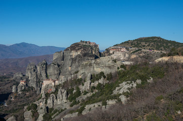 Landscape with monasteries and rock formations in Meteora, Greece.