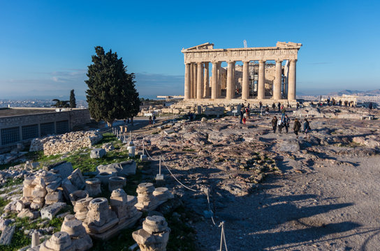 Parthenon temple on a bright day. Acropolis in Athens, Greece