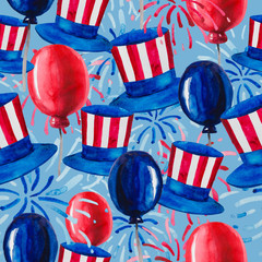 Politics of the USA and Presidents' Day, Washington's Birthday and Independence Day - depicted in one pattern. Hat of Uncle Sam, flags and fireworks, all in the national colors of America.