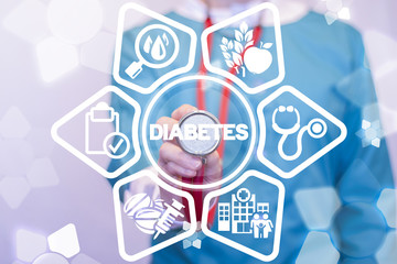 Diabetes Disease Cure Healthcare concept. Cholesterol Free Diet and Healthy Lifestyle. Glucose Insuline Control. Medic with red stethoscope touched diabetes word on a virtual interface. Diabetic.