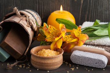 SPA organic products with flowers, bath salt