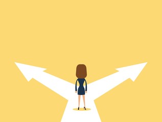 Business decision concept vector illustration. Businesswoman standing on the crossroads with two arrows and directions. Stock flat vector illustration.