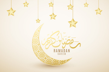 Banner on Ramadan Kareem. Gold moon. Islamic geometric 3d ornament. Arabic style. Hand drawn calligraphy. Religion Holy Month. Gold 3d stars hang. Eid Mubarak. Vector illustration