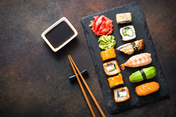 Sushi, maki, nigiri and sushi roll set top view
