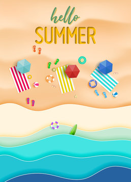 Hello summer background. Top view summer background vector in beach with umbrellas, balls, swim ring, sunglasses, surfboard, hat, sandals, juice, starfish and sea. 