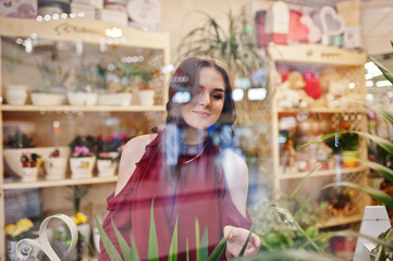 Brunette girl in red buy flowers at flower store.