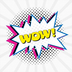 Comic speech bubble with text WOW, sound effect cloud of color phrase vector illustration