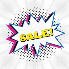 Comic speech bubble with text Sale, sound effect cloud of color phrase vector illustration