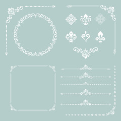Vintage set of horizontal, square and round elements. Different elements for decoration design, frames, cards, menus, backgrounds and monograms. Classic patterns. Set of vintage patterns