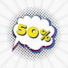 Fototapeta premium Comic speech bubble with text discount 50%, sound effect cloud of color phrase vector illustration