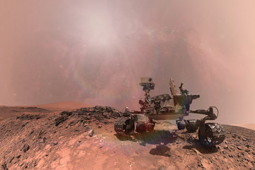 Curiosity Mars Rover exploring the surface of red planet. Elements of this image furnished by NASA. - obrazy, fototapety, plakaty