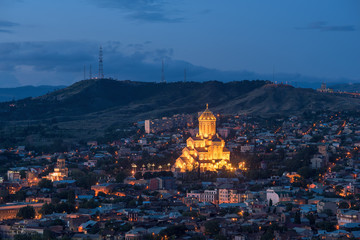 Evening view at the Holy Trinity Cathedral in Tbilisi, Georgia.