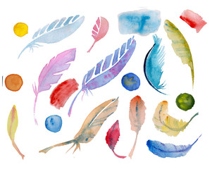Watercolor feather and circle set. Hand drawn illustration isolated
