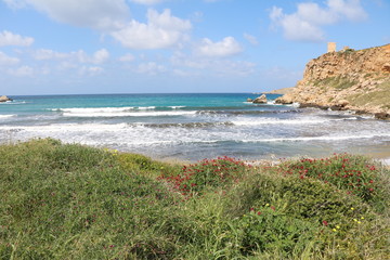 Landscape around Ghajn Tuffieha Bay at the Mediterranean sea in Malta