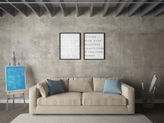 Mock up a modern living room with a stylish sofa and hipster background.