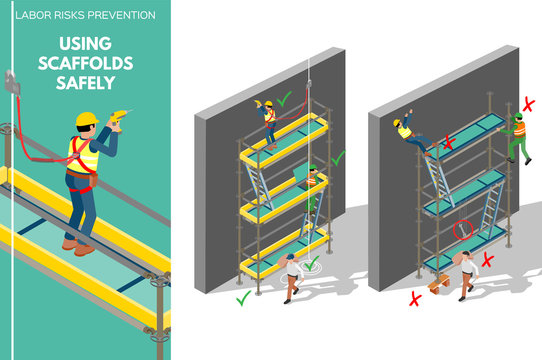 Labor risks prevention about using scaffolds safely. Isometric design infography with good and bad use of scaffolds. Vector illustration.