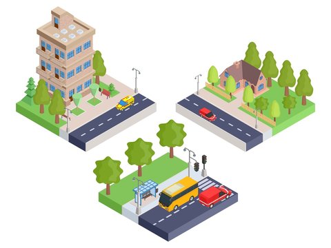 Set isometric houses and bus stop.vector stock image