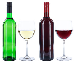Wine bottles glasses red white isolated