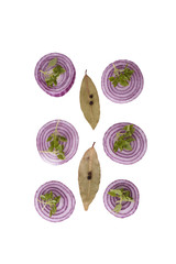 Top view. Slices of red onion, bay leaves with pepper and basil. Vertical