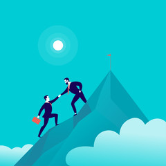 Vector flat illustration with business people climbing together on mountain peak top on blue clouded sky background. Team work, achievement, reaching aim, partnership, motivation, support, - metaphor.