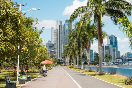  Public Park At Ocean Promenade And Skyline Background In Panama City