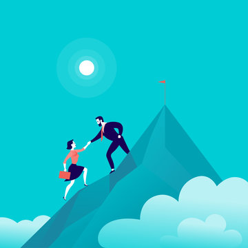 Vector Flat Illustration With Business People Climbing Together On Mountain Peak Top On Blue Clouded Sky Background. Team Work, Achievement, Reaching Aim, Partnership, Motivation, Support, - Metaphor.