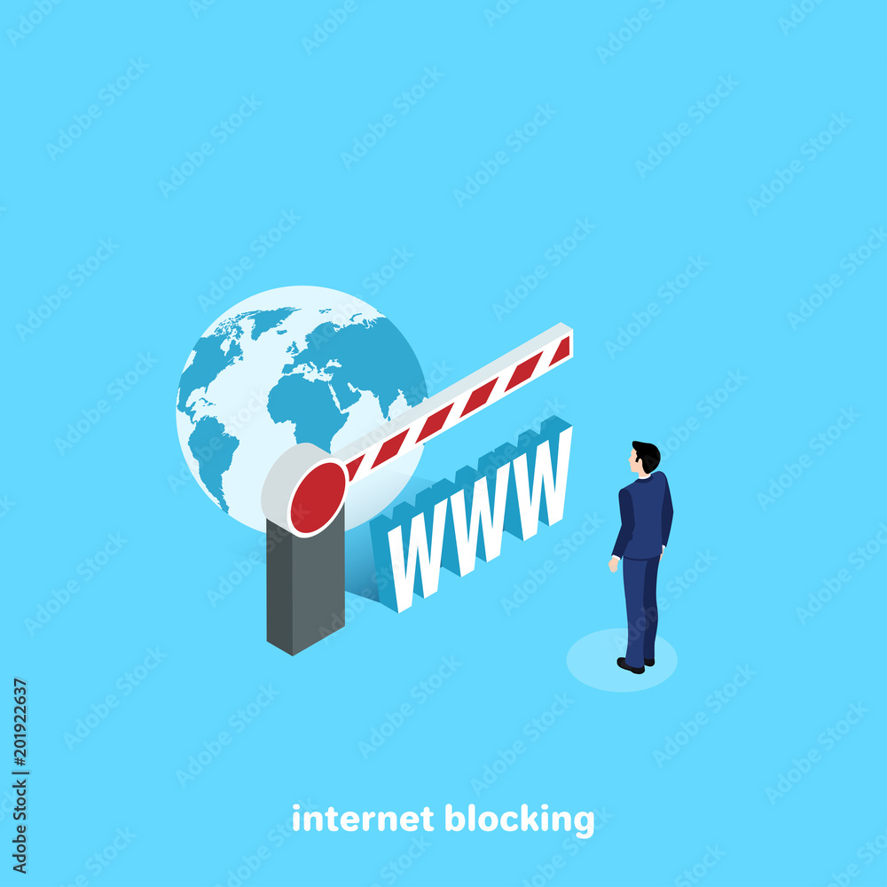 Poster a man in a business suit stands in front of a closed gate and a globe on a blue background, an isome